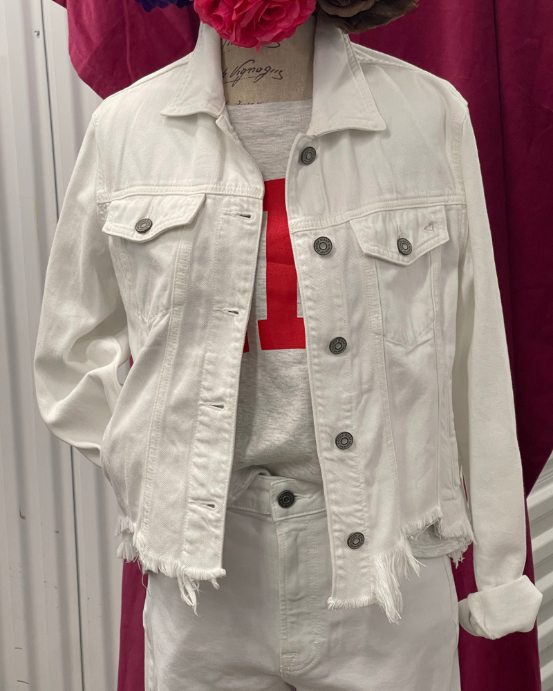 Raw Hem Cropped White Denim Jacket