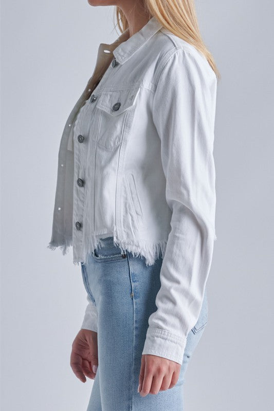 Raw Hem Cropped White Denim Jacket