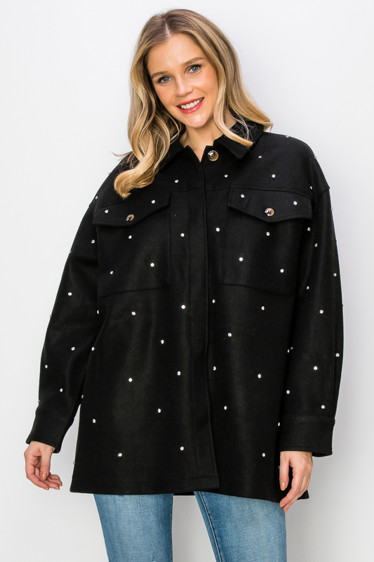 Oversized Wool Flannel Jacket with Rhinestones- Black
