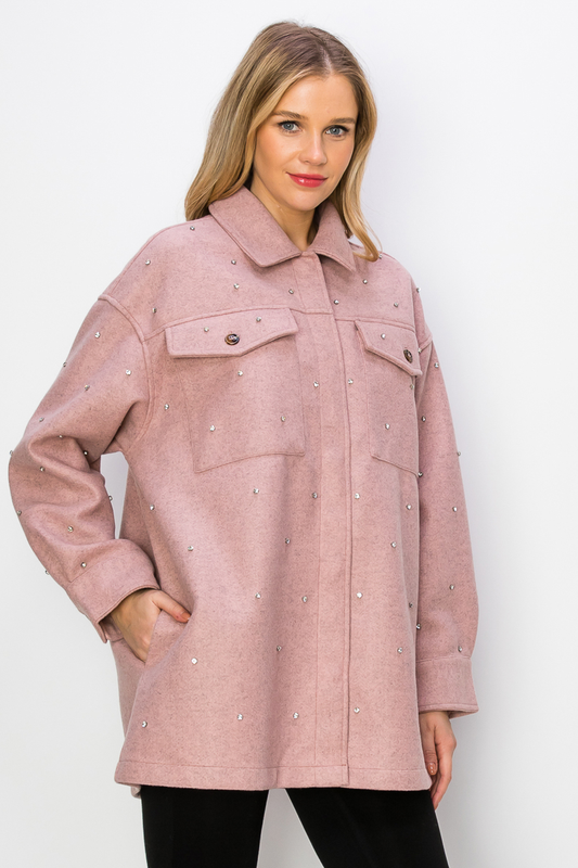 Oversized Wool Flannel Jacket with Rhinestones- Pink